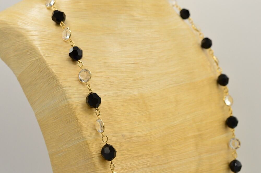 Austrian Crystal USA Vintage Necklace Open Bezel Clear Black Gold Signed 80s 9J